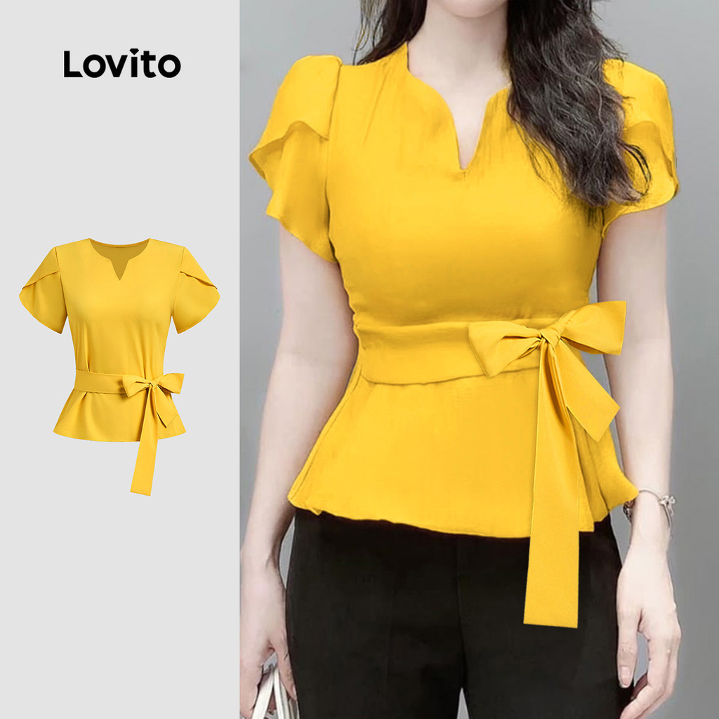 Lovito Elegante Blusa de Renda com Amarração Primavera/verão Blusa Amarela para Mulheres Bordado L142ED277
