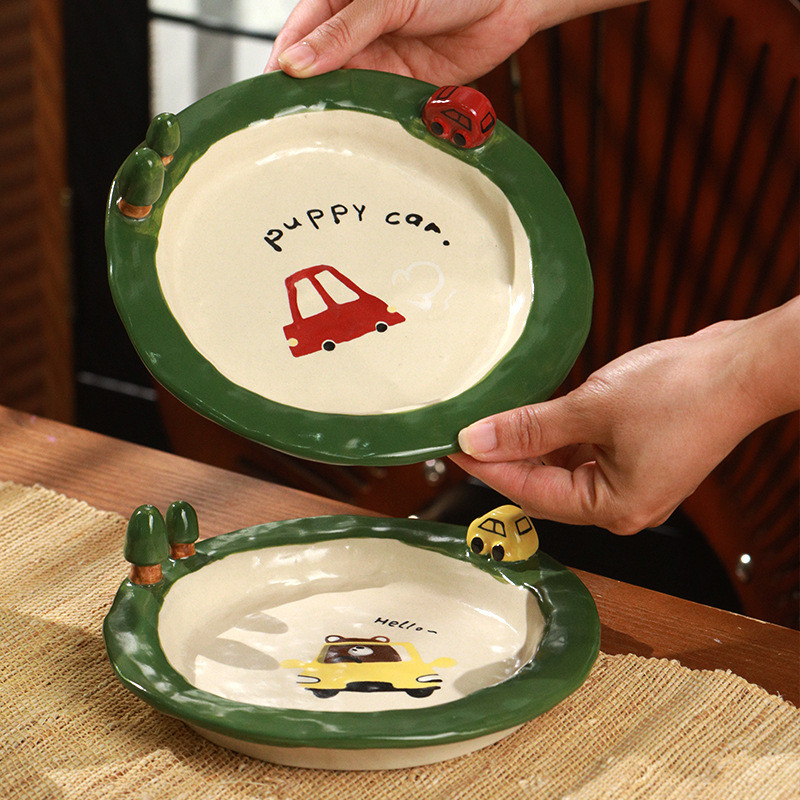 [Estoque pronto] Prato de cerâmica colorido Underglaze para uso doméstico Prato de desenho animado fofo Prato de comida