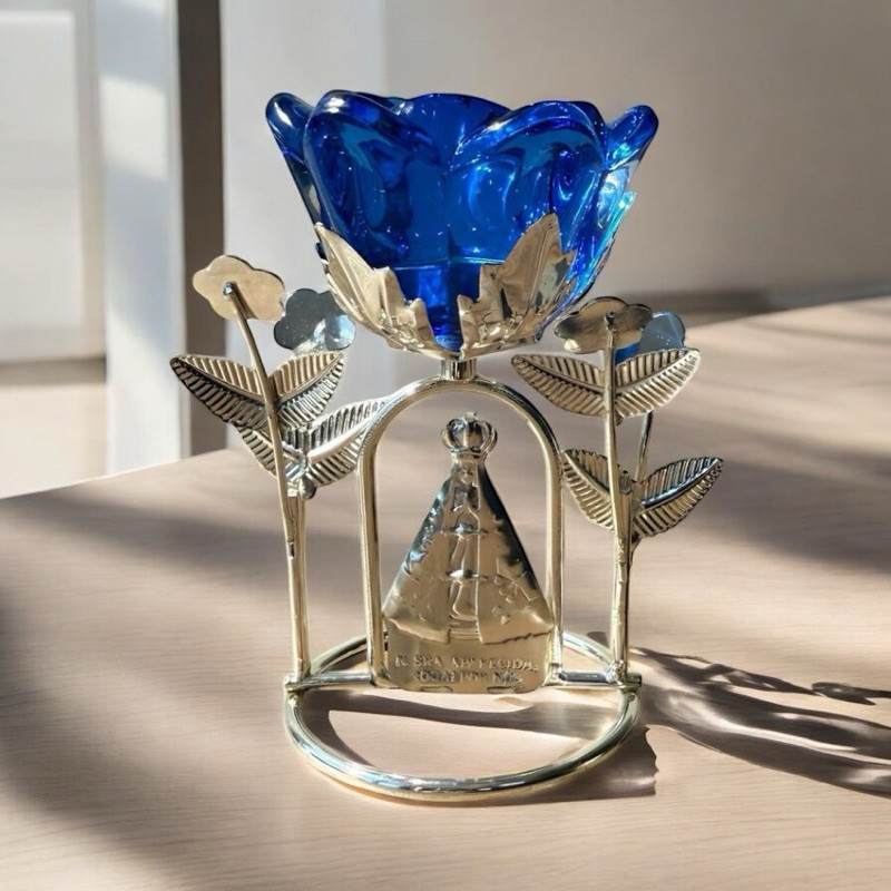 Castiçal Nossa Senhora Aparecida 13 cm Prata com Vela em Metal Enfeite Porta Vela Decorativo