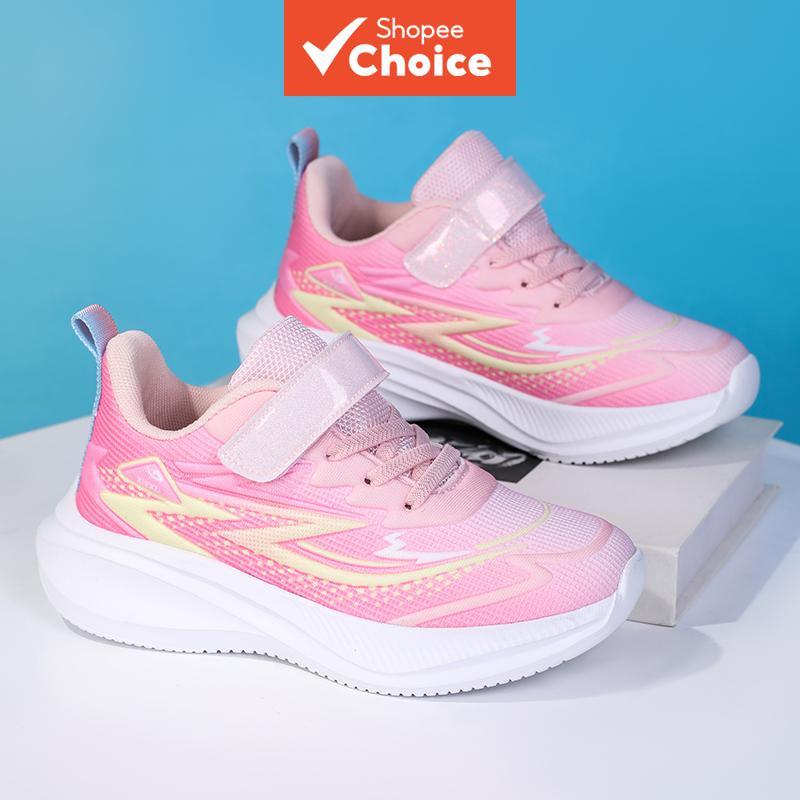 Tênis esportivo rosa para menina, EVA leve, sola macia, fecho em velcro, tênis de corrida em mesh, respirável para uso