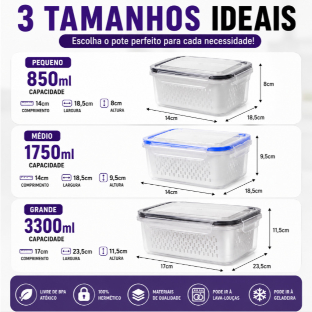 Kit 3 Recipientes Herméticos com Escorredor Organizador de Geladeira para Frutas e Legumes