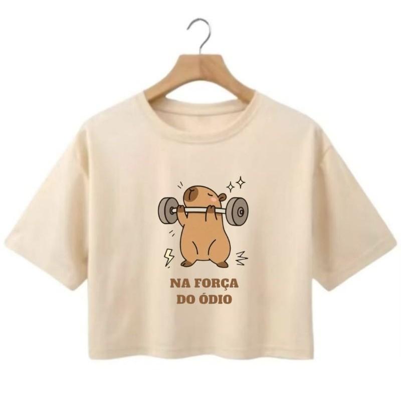 Cropped Feminino Algodão Estampado Capivara Academia Manga Curta Confortável