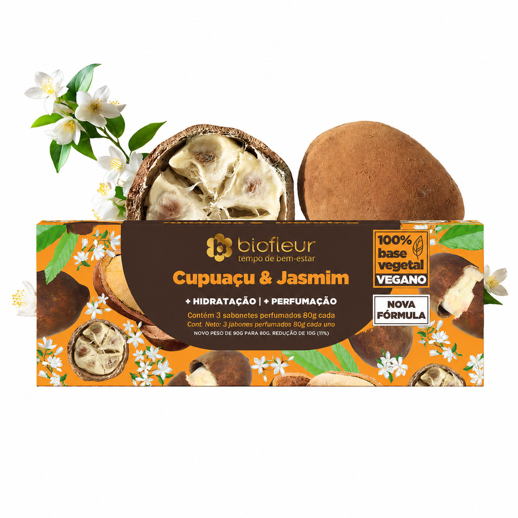 Kit Sabonete Biofleur Cupuaçu & Jasmim 3 Unidades Vegano Hidratante Perfumado 80g