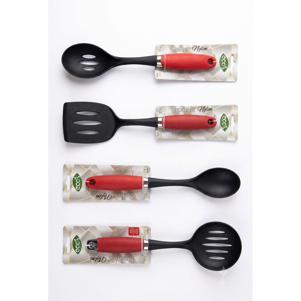 Kit 4 Utensílios de Cozinha Nylon com Cabo de Silicone Colheres Espátula e Escumadeira Resistentes ao Calor
