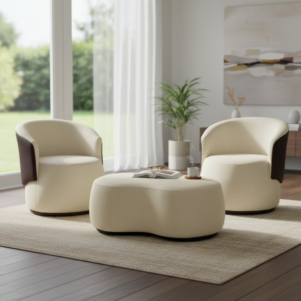 Kit 2 Poltronas + Puff Beatriz Composê Couro Marrom Suede