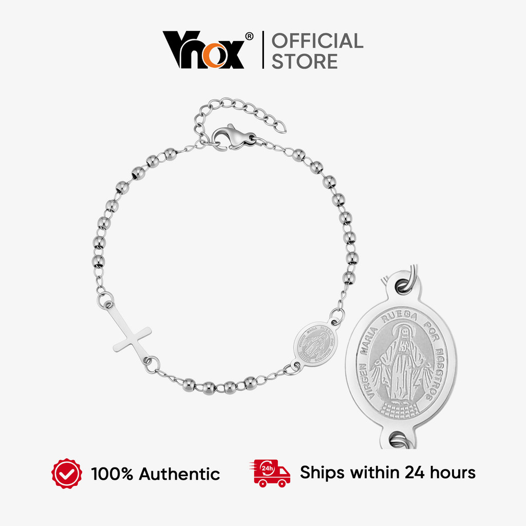 Pulseira De Contas De Rosário De Aço Inoxidável VNOX Para Homens E Mulheres , Medalha Da Virgem Maria Pingente De Cruz U