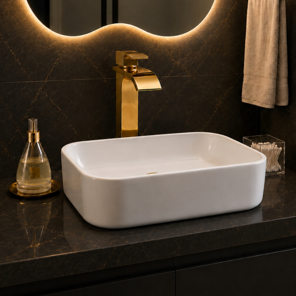 Pia Cuba de Apoio Para Banheiro de Mármore Sintético Para Bancada Sobrepor 37,5 cm Lavabo Retangular