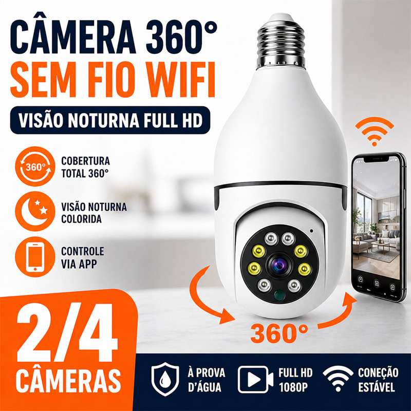 Kit 2 Security Cameras Bulb 360 WiFi IP HD Night Vision PTZ Wireless Smart Indoor