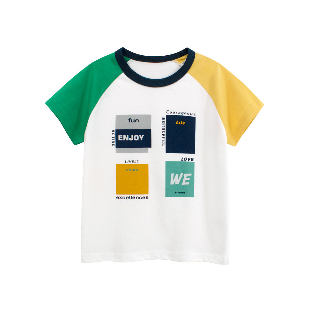 27 crianças puro algodão verão meninos cor-bloqueando Raglan camiseta de manga curta pequeno médio crianças carta impres