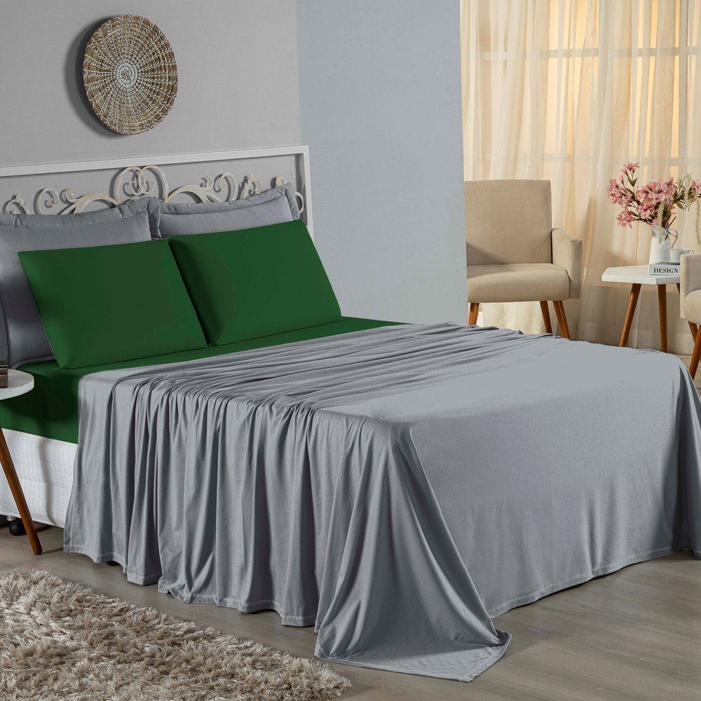 Jogo de Cama Solteiro Nobre 3 Peças Lençol com Elástico de 30cm de Altura Malha 100% Algodão - Cinza / Verde-Bandeira