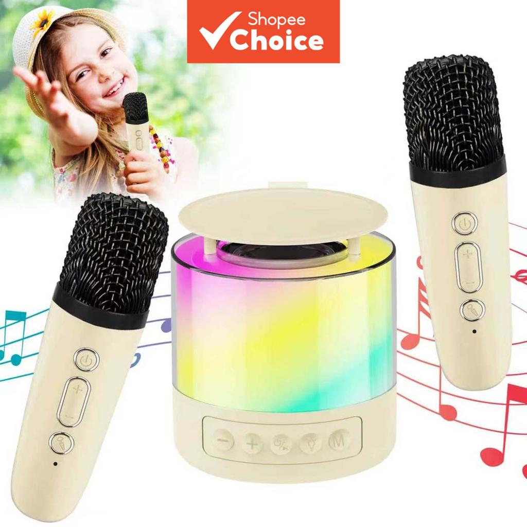Máquina de Karaokê Mini, Caixa de Som Bluetooth Portátil com 2 Microfones Sem Fio e Luzes de Festa para Crianças e