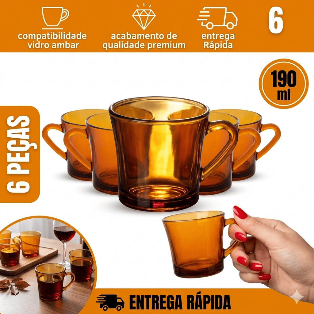 kit jogo de 6 Xicaras sino Âmbar Vidro Marrom Liso 190ml Chá Café Conjunto Louça Clássica Retro