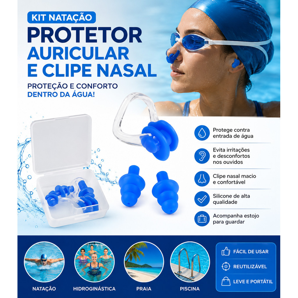 Kit Tampão de Ouvido e Protetor Nasal de Silicone com Estojo p/ Natação Piscina Hidroginástica Praia