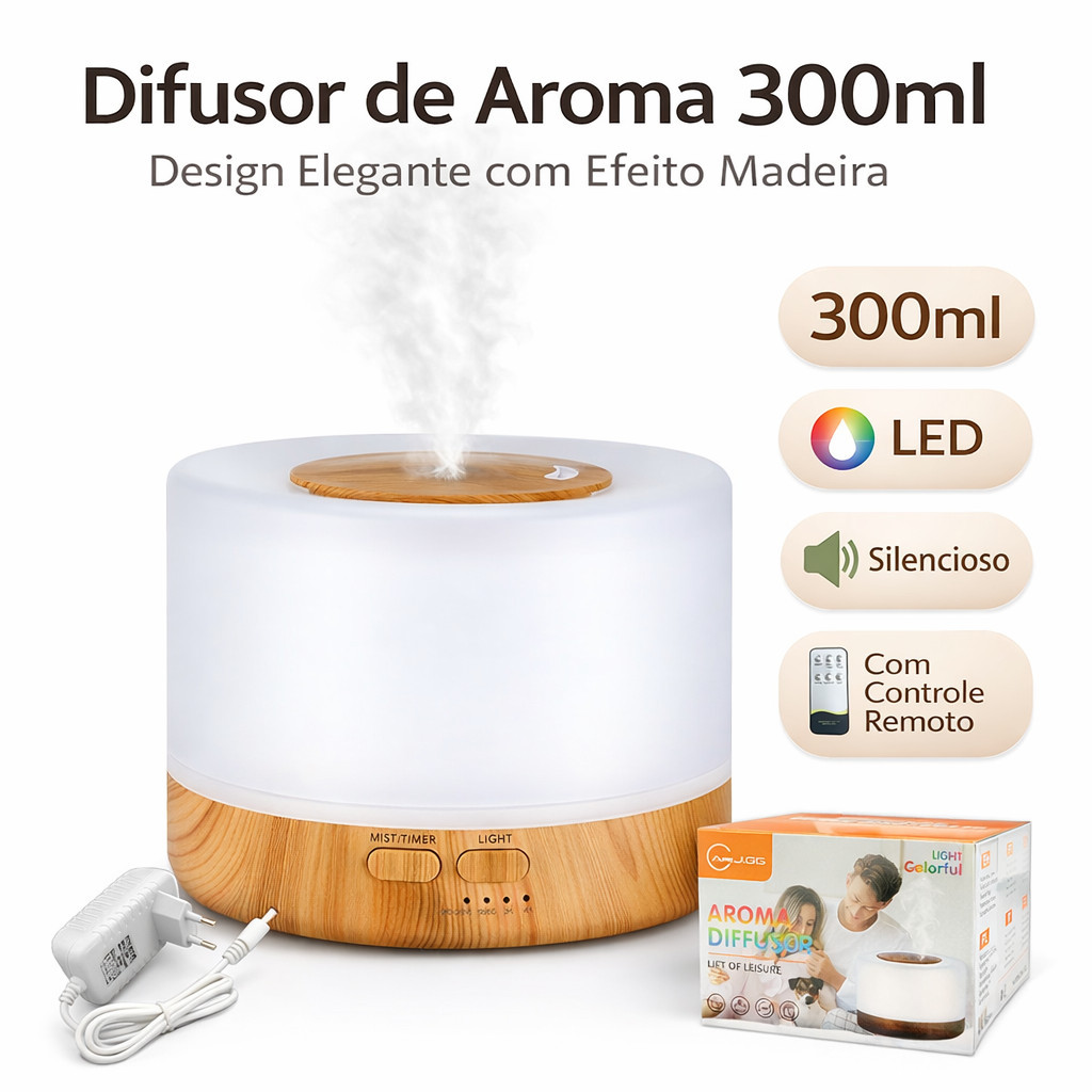Difusor Aromático 300ml Ultrassônico LED Umidificador de Ar Aromaterapia Madeira com Controle Remoto