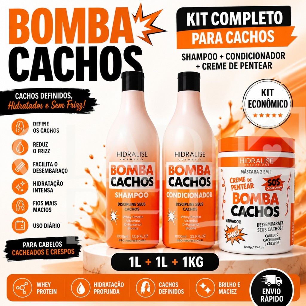 Kit Bomba Cachos Shampoo 1L Condicionador 1L Creme De Pentear 1Kg Hidralise Cachos