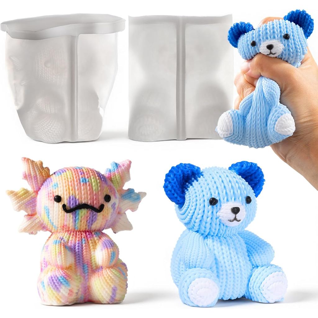 LET'S RESIN Moldes de Urso e Axolote para Squishies Taba, Moldes de Silicone de Animais com Textura de Crochê, Moldes Es