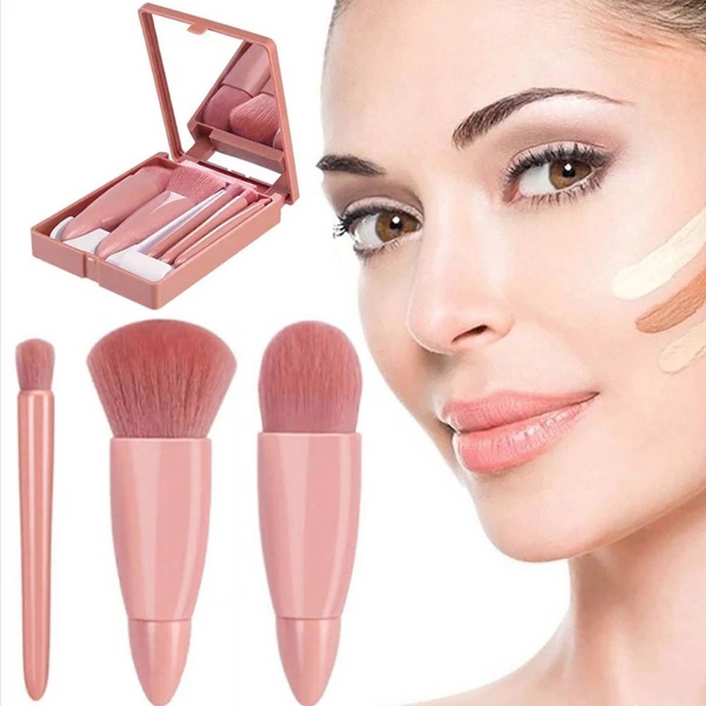 Kit 5 Pincéis de Maquiagem com Espelho Portátil - Soft para Base, Blush e Olhos, Ideal para Viagem