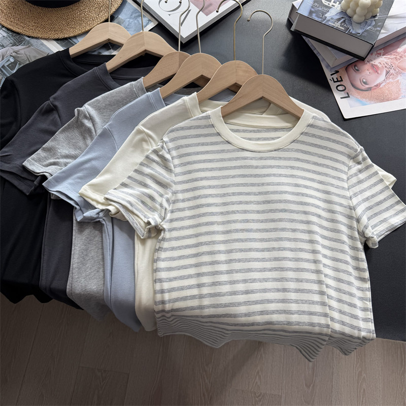 Verão Modal pele-amigável manga curta T ~ em torno do pescoço fino de manga curta camisa de fundo feminino topo All-Ma
