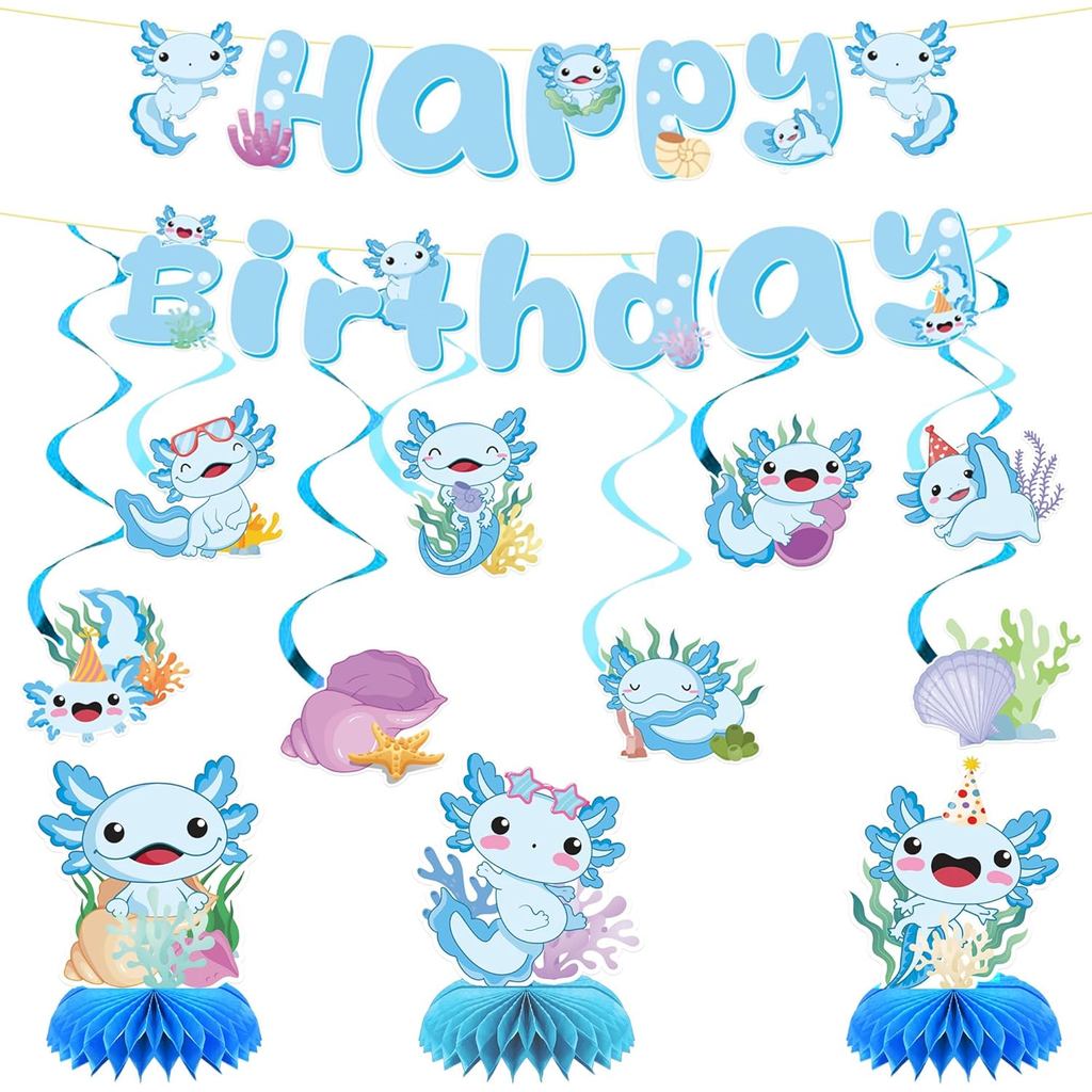 13 Peças de Decorações de Aniversário com Tema Axolote, Faixa de Feliz Aniversário com Espirais Penduradas e Centros de