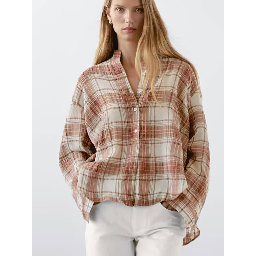 MD2025 novo estilo moda feminina All-Match Casual estilo simples leve camisa de manga comprida feminina topo camisa xadr