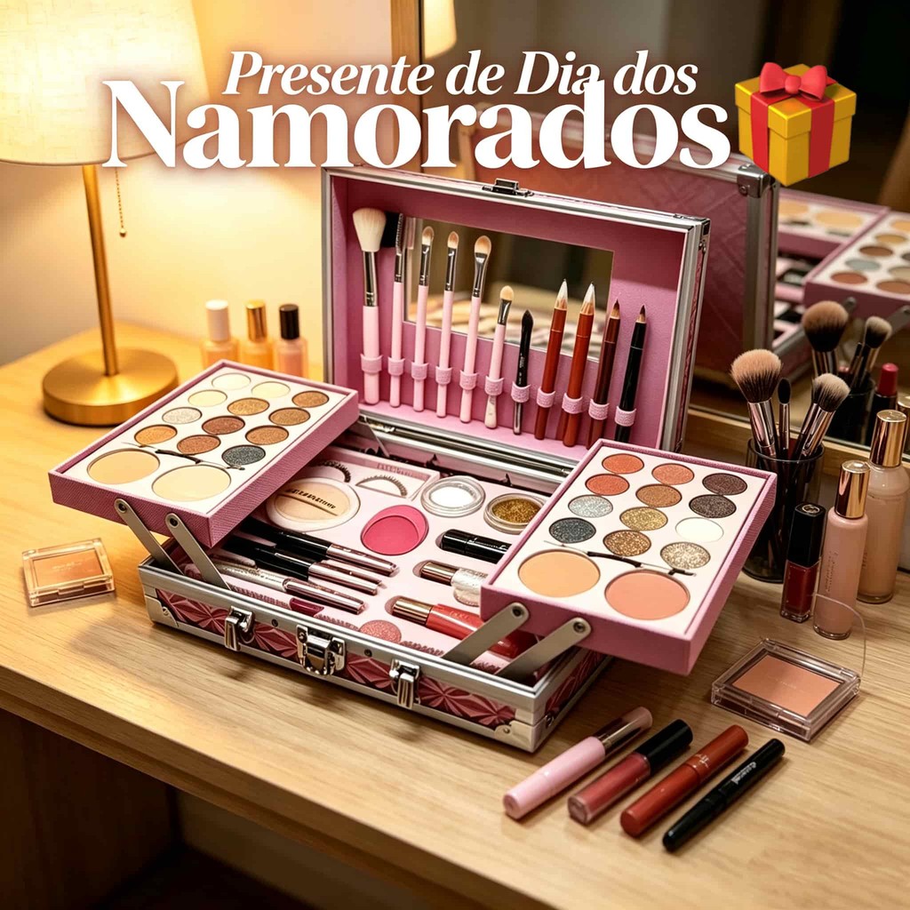 Maleta Completa de Maquiagem Luxo Presente Dia dos Namorados Sombra Blush Iluminador Cores Dourado Prata Rosa