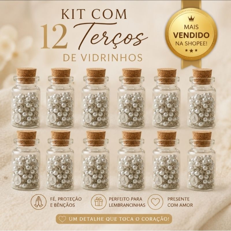 kit Terço Vidrinho Pérolas Pescoço Lembrancinha Eucaristia Batizado Casamento