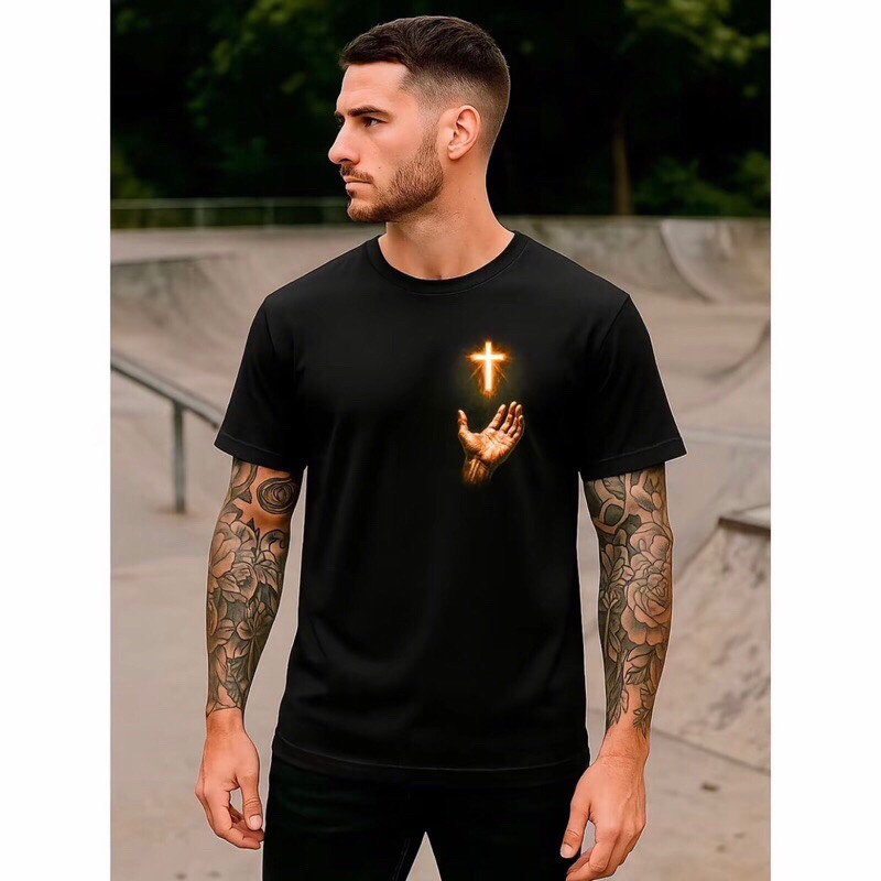 Camiseta Masculino Cruz Dourada Brilhante 100% Algodão Sucesso de venda nova tendência blusa Malha Pima Peruana Casual