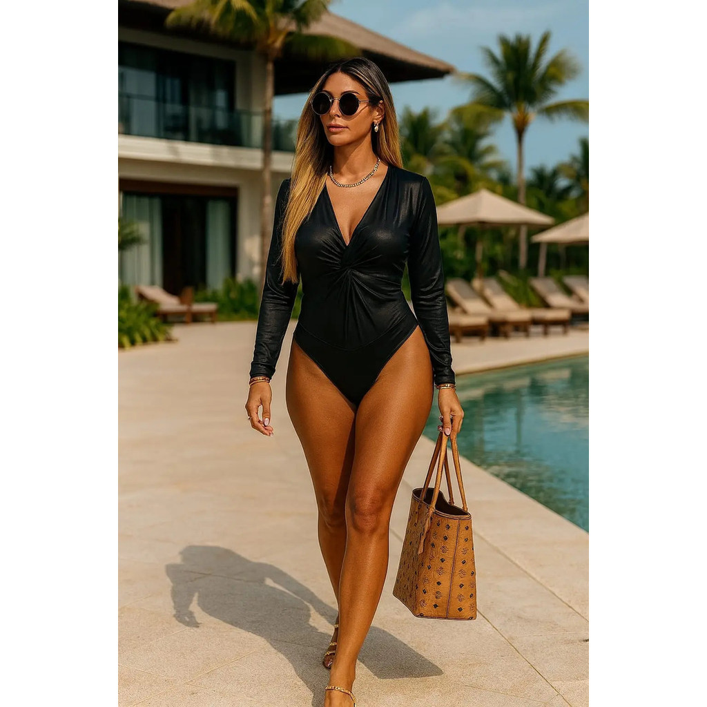 Body Decote Trançado Manga Longa Decote V Preto  Plus Size