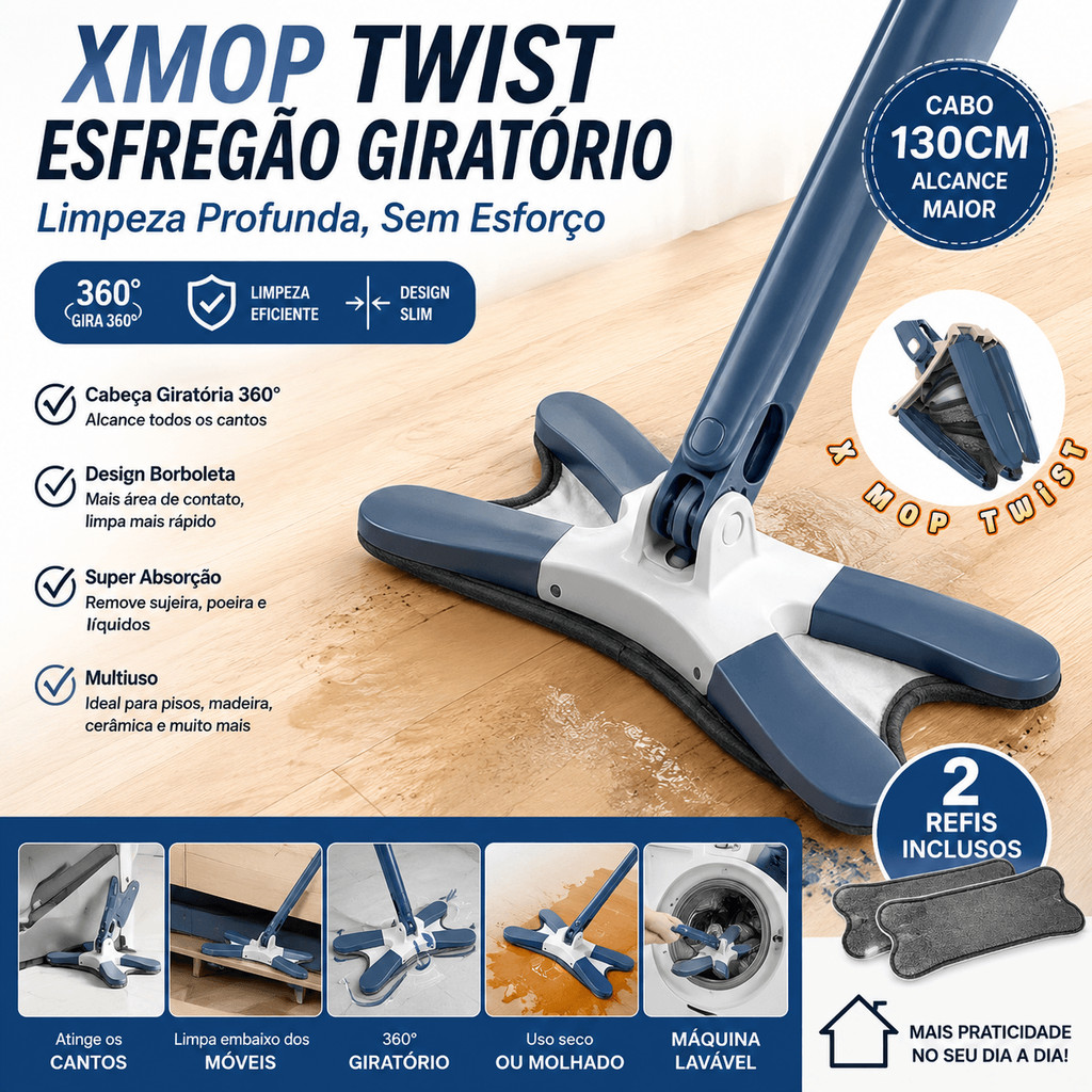 Esfregão Twist 360° Com 2 Refis Laváveis | Mop Giratório Multiuso Cabo 130cm Limpeza de Piso