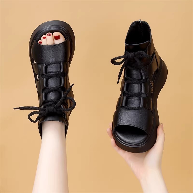 Sapatos europeus de sola grossa oco boca de peixe sandálias botas femininas 2026 primavera Retro plataforma sola alta bu