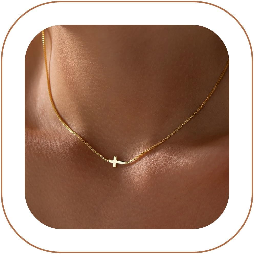 Colar de Cruz Feminino Rotnso Banhado a Ouro 14K, Colar com Pingente de Cruz Pequena Delicada, Colar de Cruz Simples e E