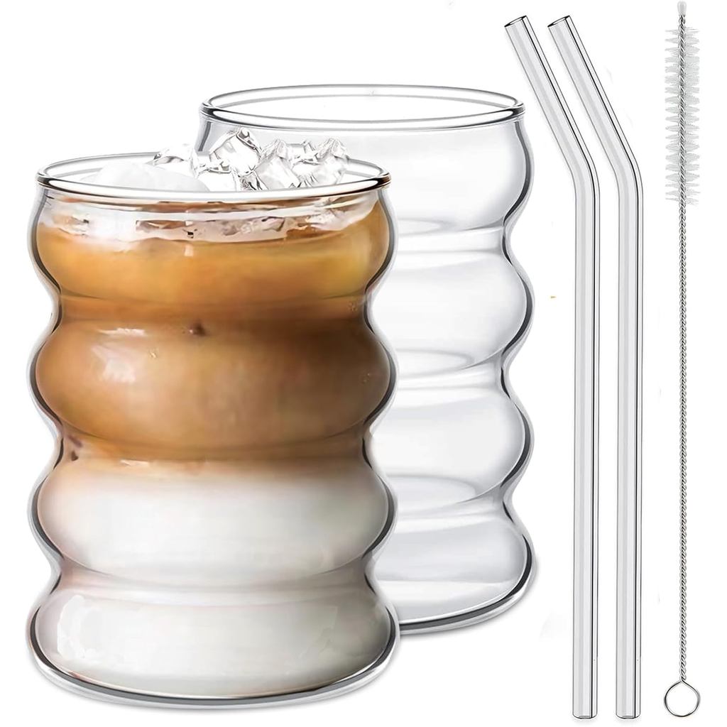 Ework4U 2 Copos de Vidro com Canudo de Vidro, Conjunto de Copos de 14oz, Copos para Coquetel, Copos para Café Gelado, Co