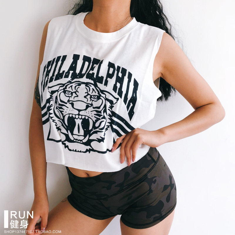 Fitness feminino esportes lazer correndo tigre puro algodão única carta impressão verão curto cintura exposta blusa solt