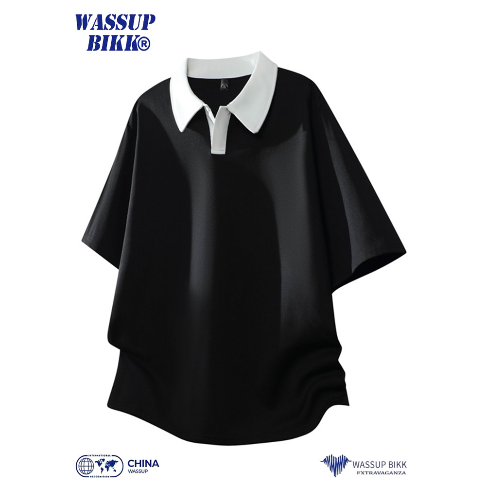 WASSUP BIKK Camisa PLO de manga curta de seda gelada masculina verão Street Wear contraste cor solta Casual lapela meia