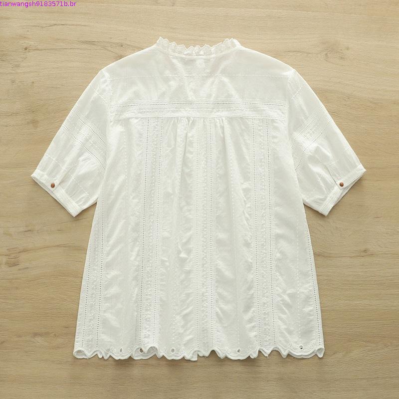 Alta Qualidade Feminina 100 % Algodão Fio Blusa Csa Temperamento Gola De Renda Indústria Pesada Bordado Oco De Manga