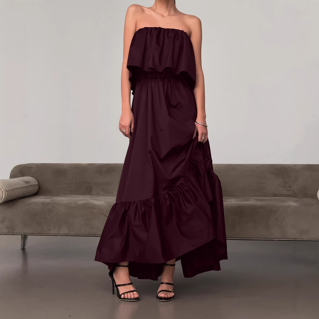 vestido de festa Feminino de Algodão Com Babados , Elegante , Solto E Emagrecedor , Sem Alças Para Deslocamento
