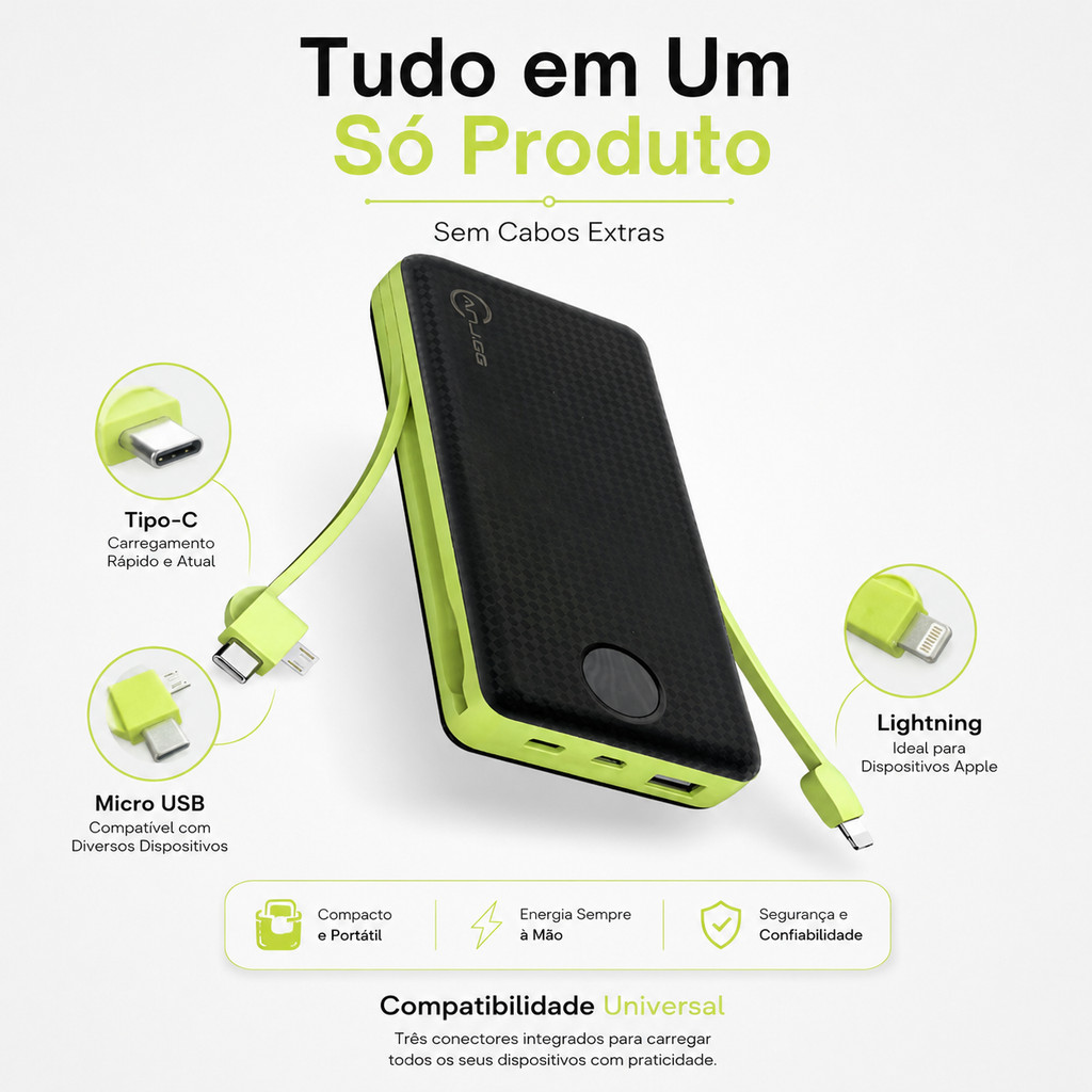 Power Bank 20000mAh | Bateria Portátil com Display Digital LED | Carregador Universal
