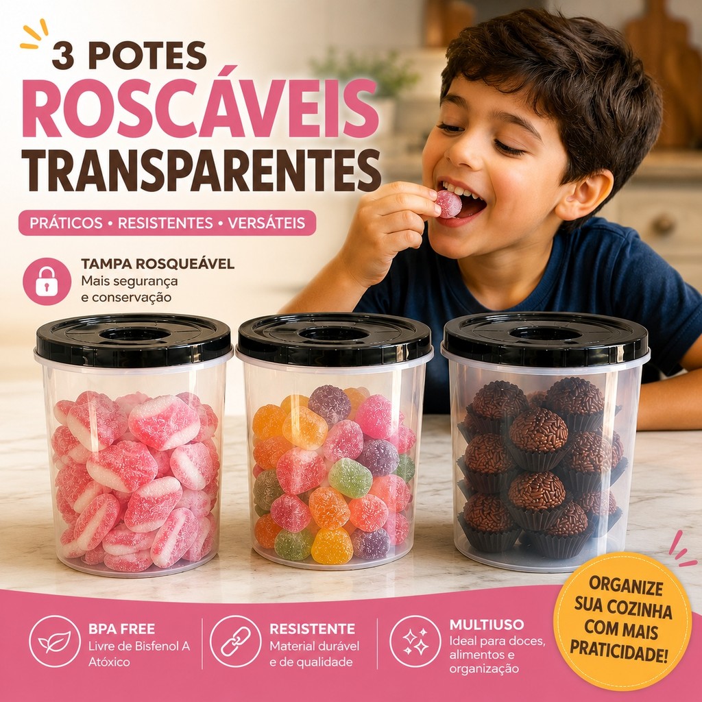 Jogo 3 Potes Redondo 2,2 Litro Transparente Tampa Rosca Pote Mantimento BPA FREE Cereais Biscoito