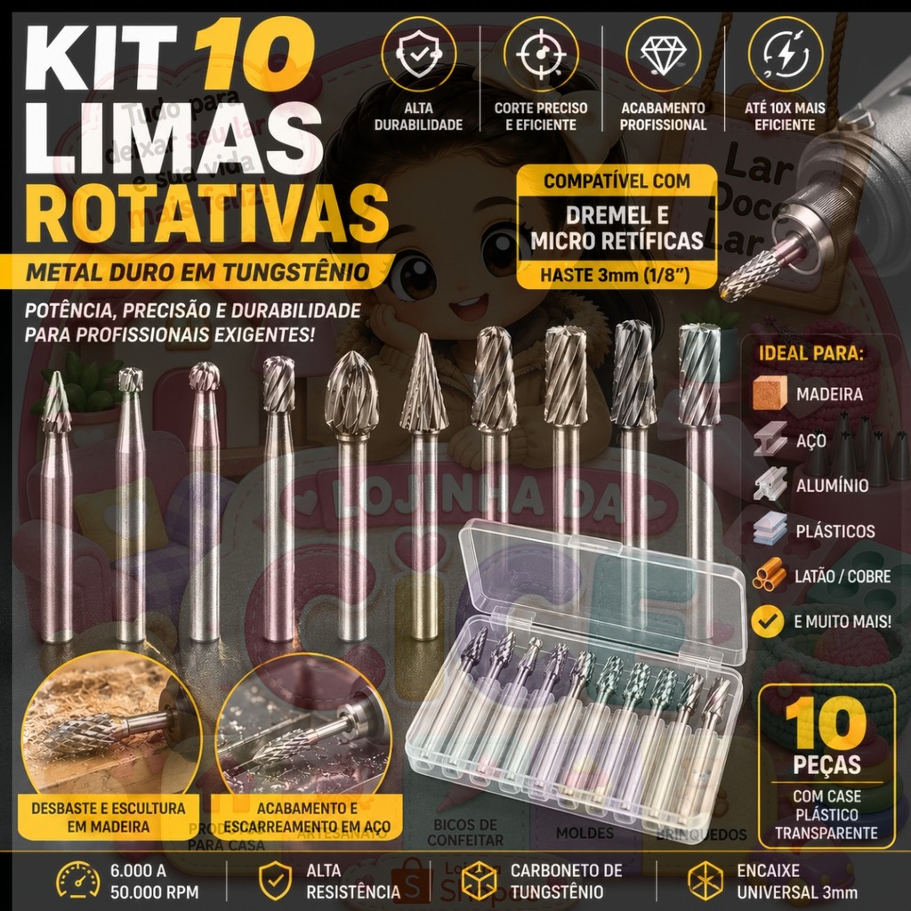 Kit 10 Limas Rotativas Tungstênio Para Micro Retífica Dremel Metal Madeira Aço Fresas Metal Duro
