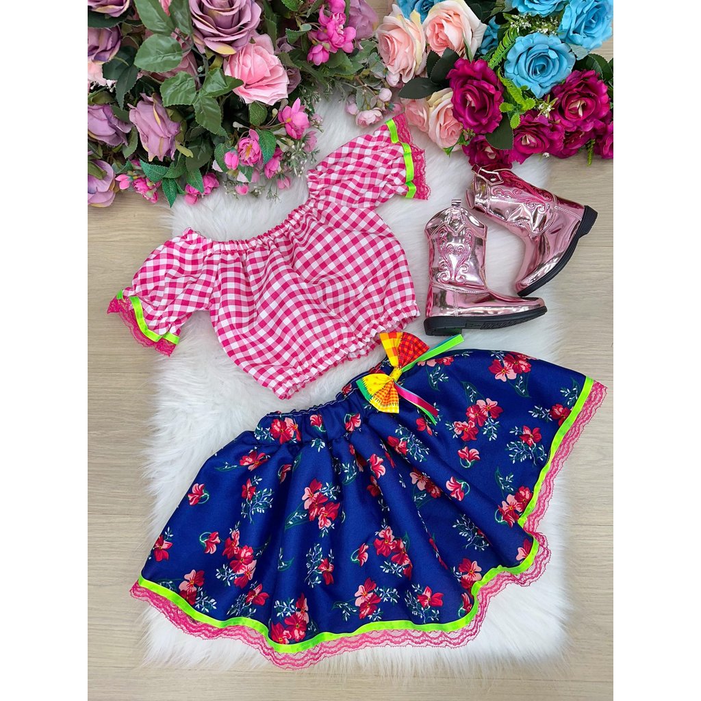 Conjunto Fashion Junino Banana Club Luxo Mirela Saia Florida