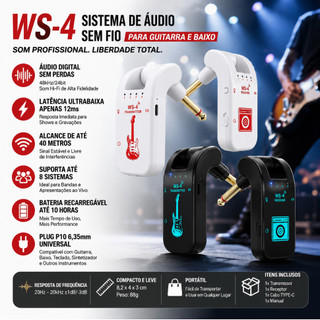 Sistema Sem Fio para Guitarra Violão Baixo Transmissor Receptor 2.4GHz Recarregável Sem Latência 8 Canais