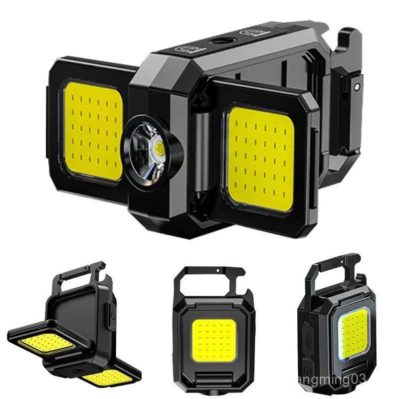 Lanterna Multifuncional de Três Cabeças com Chaveiro, Luz Portátil COB Mini para Camping, Luz de Trabalho Tipo-C, Lanter