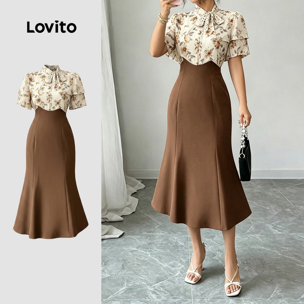 (New Arrival) Lovito Vestido Elegante com Detalhes de Babados Ideal para Primavera/verão feminino LK7LD049
