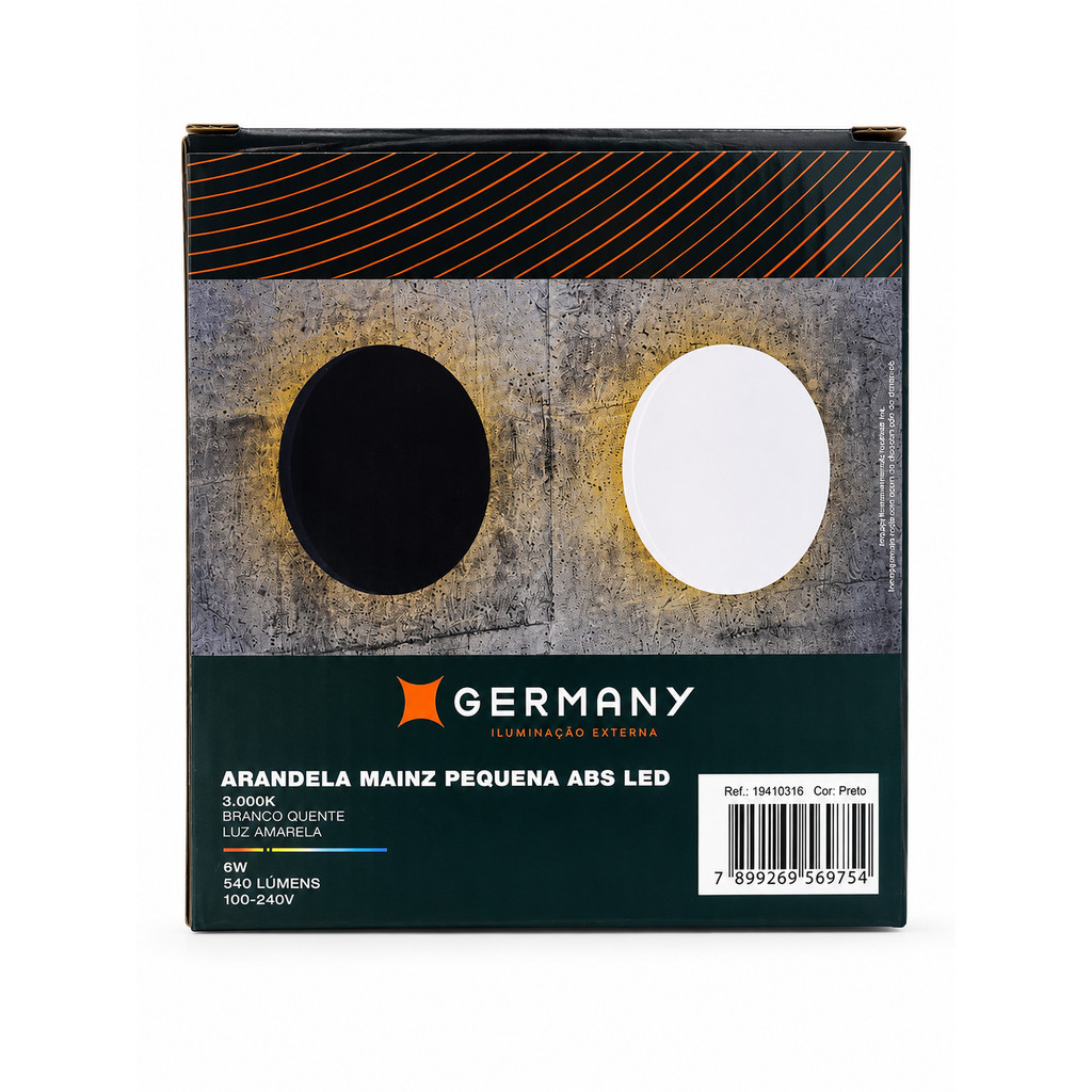 ARANDELA MAINZ PEQUENA ABS LED PRETA GERMANY 6W  3000K LUZ AMARELA 540 LUMENS 100-240V