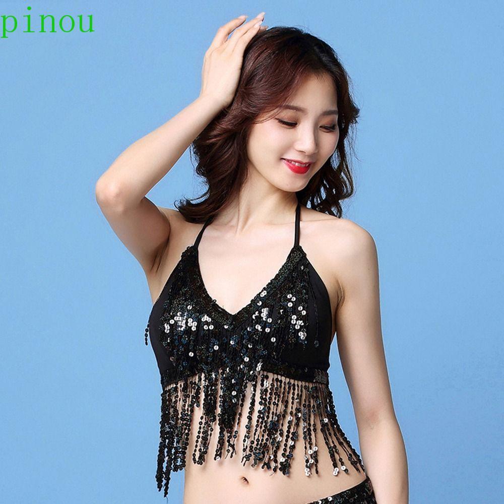 Sutiã PINOU Halter , Top De Dança Do Ventre Com Borla De Poliéster , Traje De Desempenho Lantejoulas Meninas Crop Tops C