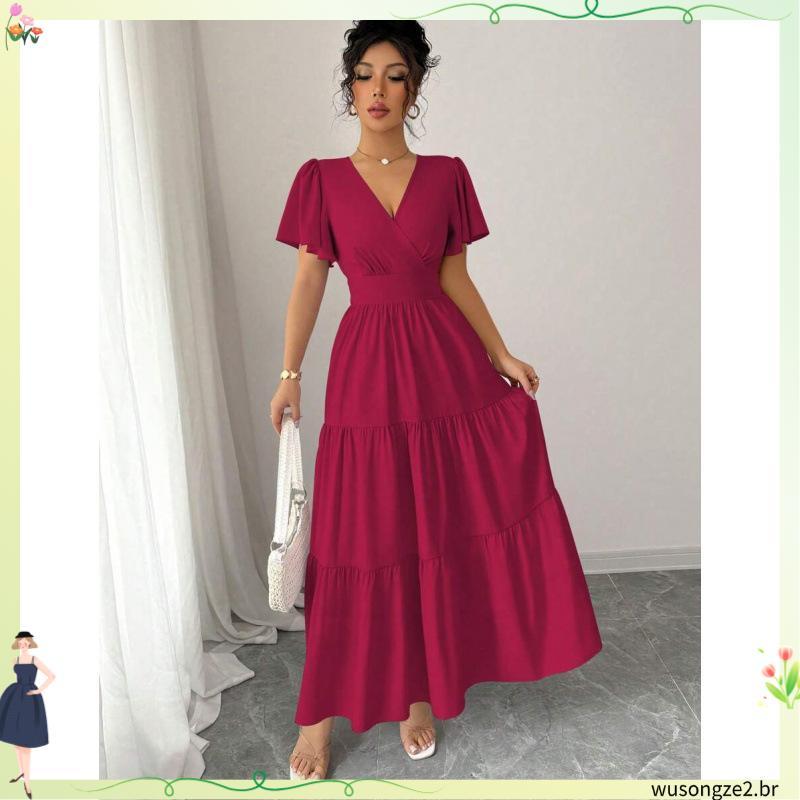 Vestido Evangélico Longo Com Três  Marias Manga Curta Em Crepe  Com Cinto Larissa