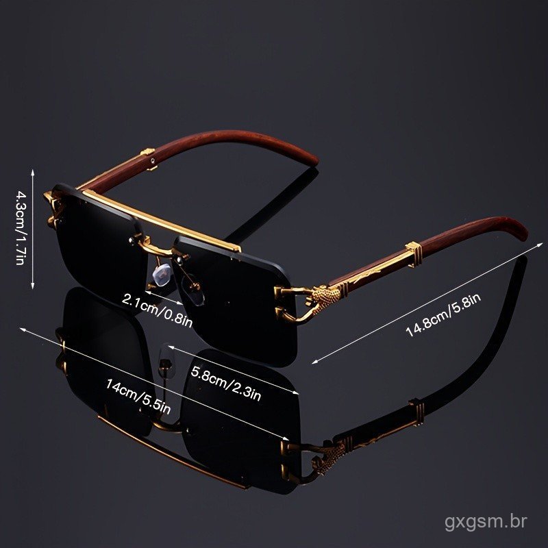 Óculos Sem Armação Modernos para Homens e Mulheres, Lentes de PC Antirreflexo, Armação de Metal, Detalhe em Madeira
