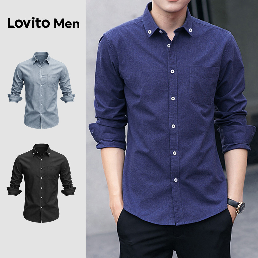 Lovito Men Casual Camisa Botão Azul Marinho para Homens LNE138077