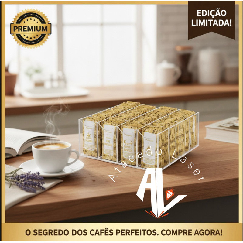 Porta Sachê de Açúcar em Acrílico ate 160 saches – Organizador Transparente Premium Sem Tampa