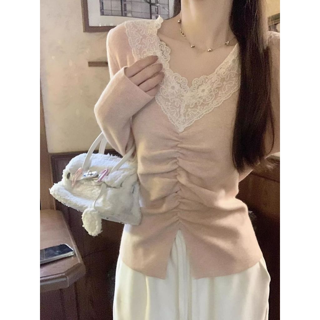 Puro desejo branco renda costura manga comprida camisa de lã alemã feminina outono inverno fino ajuste plissado lã alemã
